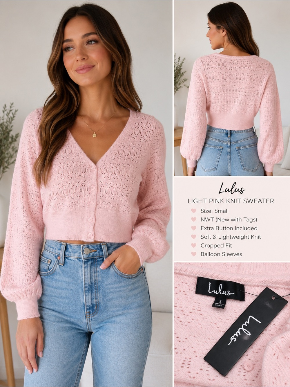 Lulus Light Baby Pink Pointelle Knit Cardigan Sweater NWT Size Small